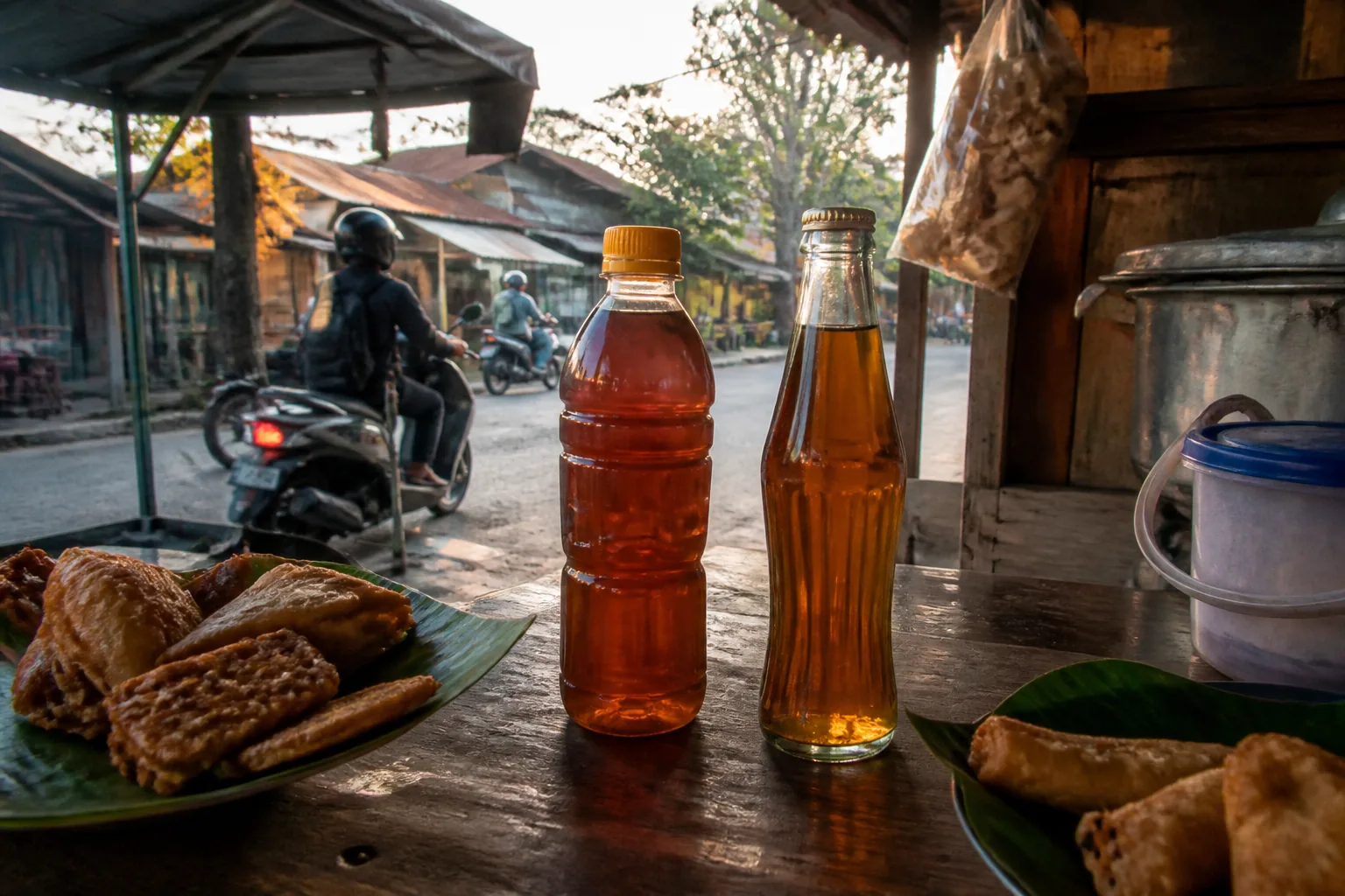Meja warung pinggir jalan dengan dua botol teh dan gorengan